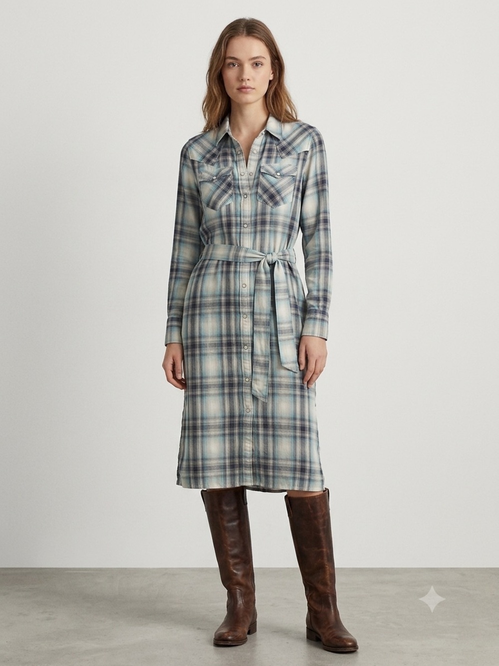 Lauren Ralph Lauren Plaid‎ Maxi Shirt Dress Snap Button Belted